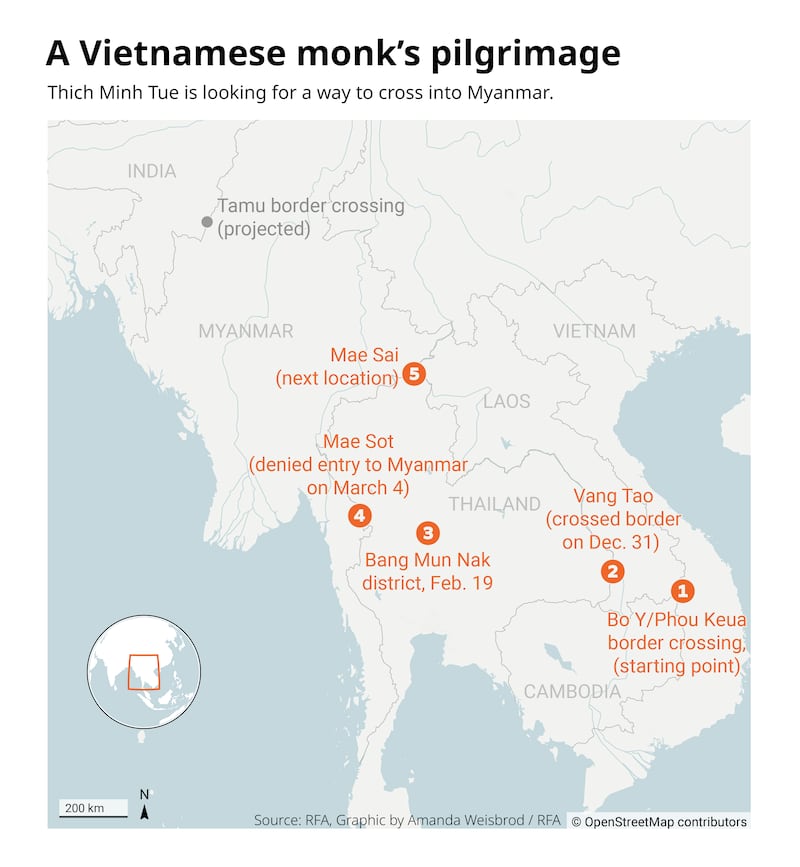 Map showing the monk's route from Vietnam through Thailand