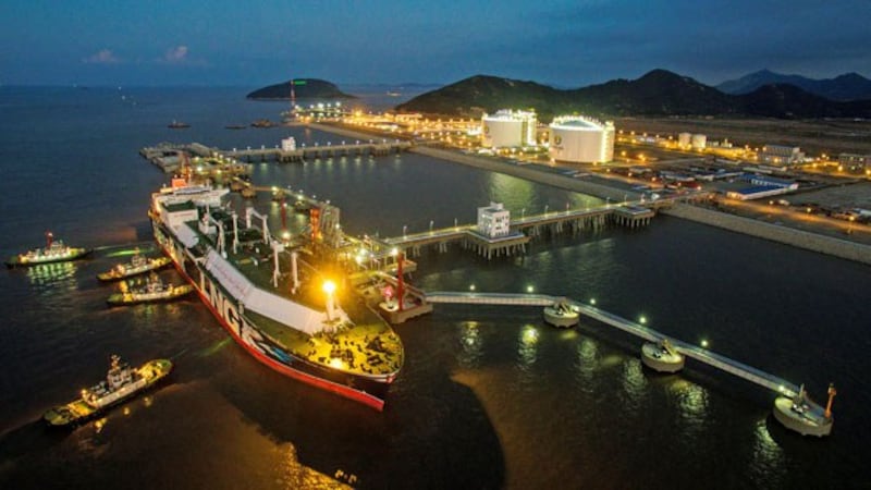 The liquefied natural gas (LNG) tanker Stena Blue Sky is seen at a new LNG terminal owned by Chinese energy company ENN Group, in Zhoushan, eastern China's Zhejiang province, Aug. 7, 2018.