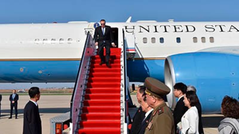 US Secretary of State Mike Pompeo exits his plane on arrival in Pyongyang, May 9, 2018. Credit: AP Photo