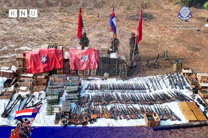 The Karen National Union displays weapons and ammunition seized on April 11, 2024 from the military junta council's Light Infantry Battalion 275 in Myawaddy township. (KNU via Facebook)