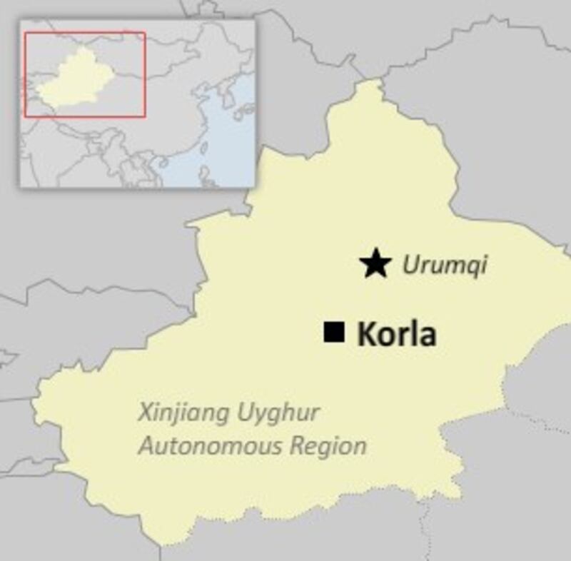 A map of Korla, southwest of the capital Urumqi, in China's far northwestern Xinjiang Uyghur Autonomous Region.