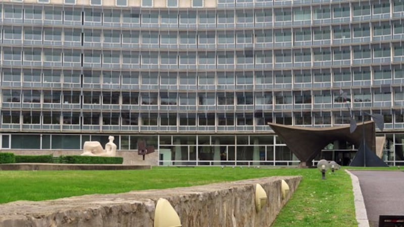 A view of the main entrance to UNESCO's headquarters in Paris, France, Oct. 25, 2019.