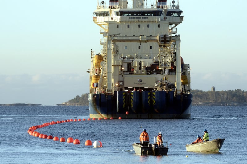 The cable ship Ile de Brehat lays the C-Lion1 telecommunications cable in the Baltic Sea near Helsinki, Finland, on Oct. 12, 2015.