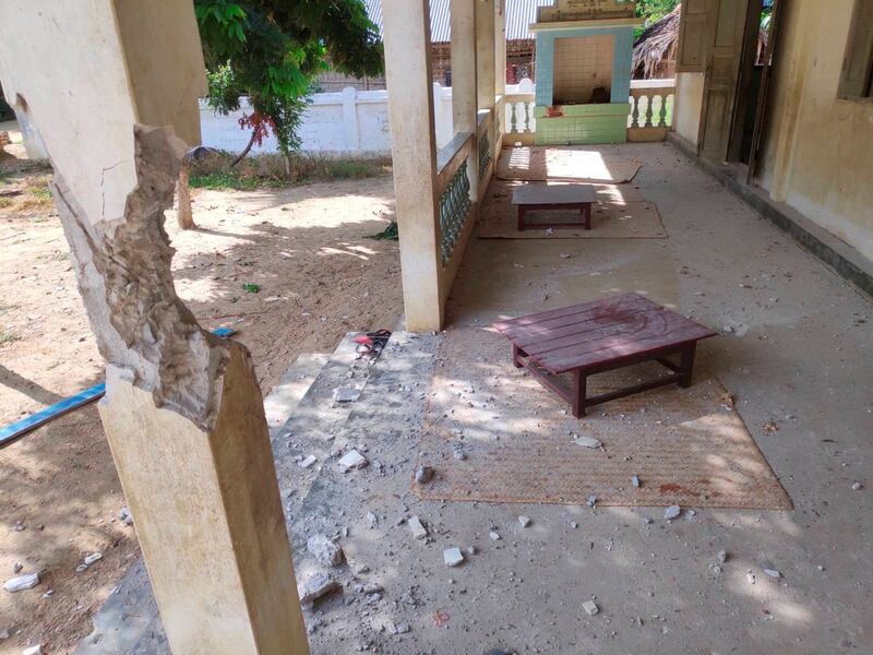 The school at the Maha Dhammaranthi monastery near Let Yet Kone village, Sagaing region, was damaged in an attack by Myanmar junta helicopters, Sept. 16, 2022. Credit: Screenshot from social media/Reuters