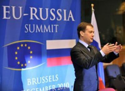 Tổng thống Nga Dmitry Medvedev tại hội nghị thượng đỉnh EU-Nga hôm 07/12/2010 tại trụ sở EU ở Brussels. AFP photo