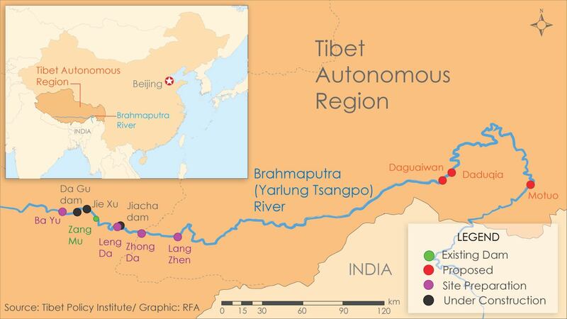 The area surrounding Tibet's Yarlung Tsangpo River, which becomes the Brahmaputra River in India and Bangladesh