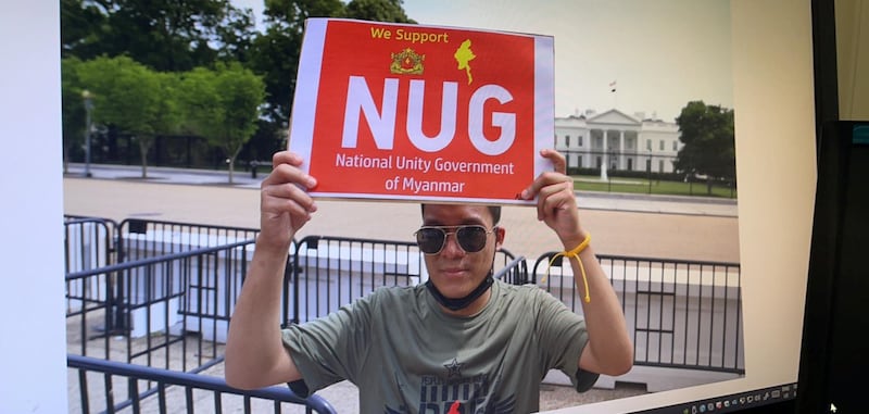 Phyo Hein Htut protesting against the Myanmar coup in front of the White House in Washington, D.C., May 22, 2021. Credit: RFA