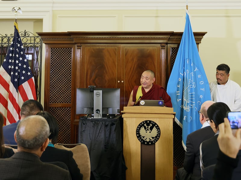 Geshe Lobsang Monlam, founder and CEO of Monlam Tibetan IT Research Centre, addresses a gathering at the Library of Congress during the presentation of the Monlam Grand Tibetan Dictionary to the library in Washington, Dec. 12, 2024.