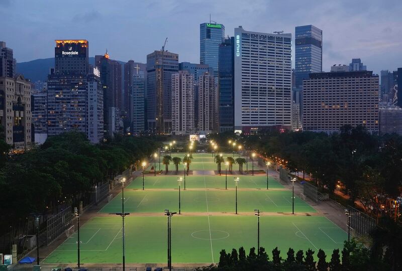 Hong Kong's Victoria Park, where in past years tens of thousands of people gathered to honor those who died on June 4, 1989 when China's military put down student-led pro-democracy protests, stands empty after authorities banned the event, June 4, 2021.