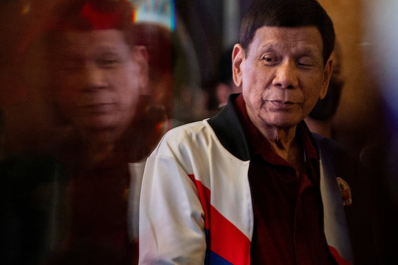 File photo shows former Philippine president Rodrigo Duterte delivers a speech during the proclamation rally for his political party PDP-Laban's senatorial candidates ahead of the midterm elections, at Club Filipino in San Juan, Metro Manila, Philippines, February 13, 2025. REUTERS/Eloisa Lopez/File Photo