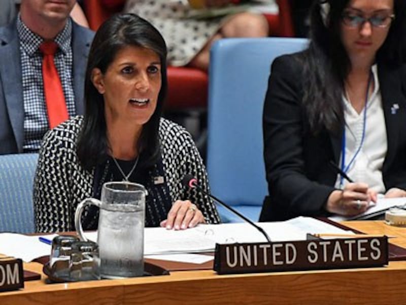 U.S. Ambassador to the United Nations Nikki Haley speaks at a UN Security Council meeting to discuss recent violence in Myanmar's northern Rakhine state at the United Nations in New York, Sept. 28, 2017.