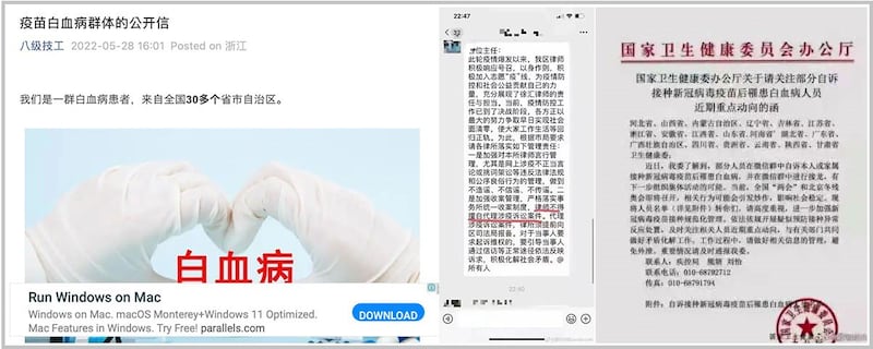 一群来自中国三十多个省市自治区的白血病患者发出投诉信指遭维稳打压。(来源网路)