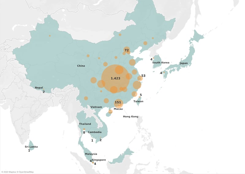 A map showing the latest confirmed cases of the novel coronavirus (nCoV) in Asia.