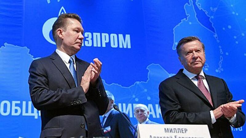 Alexei Miller (L), chief executive officer of Russian gas giant Gazprom, and Viktor Zubkov (R), chairman of the board of directors, arrive at the annual general meeting of the company's shareholders in Moscow, June 30, 2017.