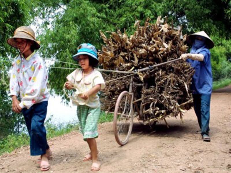 Hai bé gái lao động phụ mẹ tại một làng thuộc ngoại thành Hà Nội. 