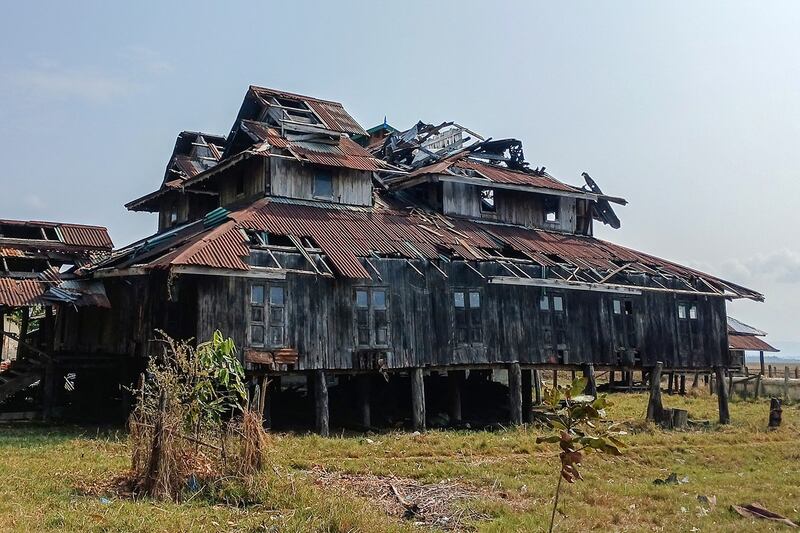 A Buddhist monastery destroyed during fighting between Myanmar's military and the Arakan Army is seen May 21, 2024 in a village in Minbya township in western Rakhine state. (AFP)