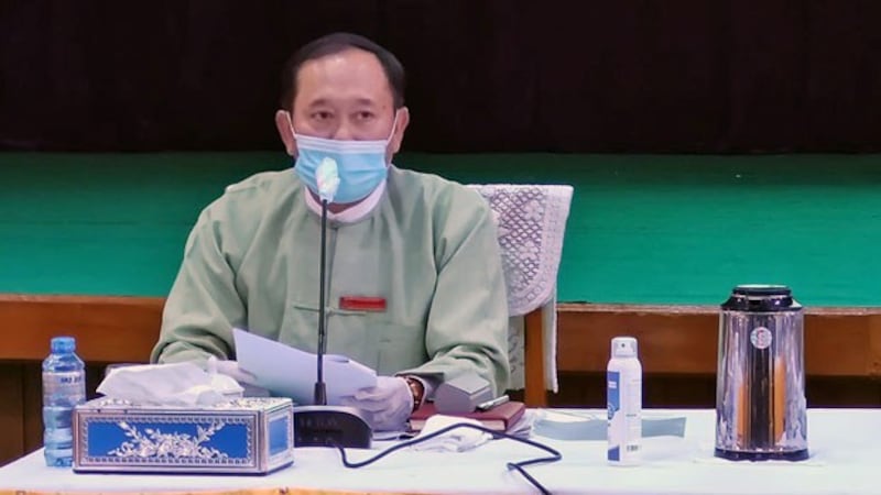 Myint Than, director general of Myanmar's General Administration Department, speaks during a press conference in Naypyidaw, June 15, 2020.