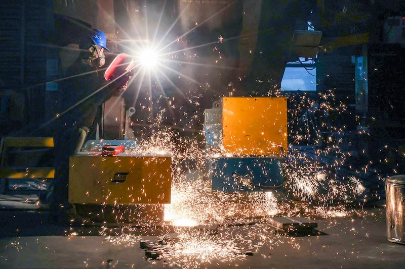 An employee works at a workshop of an engineering equipment manufacturing enterprise, Feb. 29, 2024 in Nanjing, Jiangsu, China. (Yang Bo/China News Service/VCG via Getty Images)