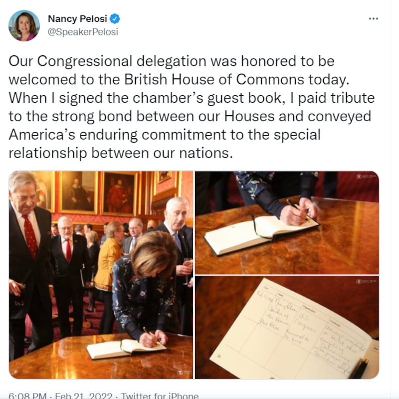 佩洛西访问英国下议院（推特截图/Nanci Pelosi）