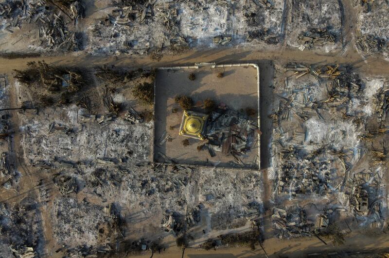 An aerial photo taken on Feb. 3, 2022 shows burnt buildings from fires in Mingin Township, in Myanmar's Sagaing division, after an arson attack by junta forces. Credit: AFP