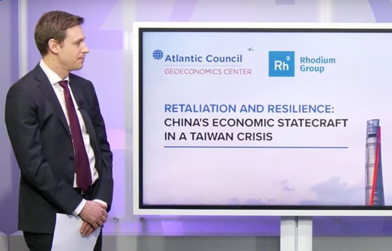 Charlie Vest, associate director of Rhodium Group's corporate advisory team, speaks at a joint online symposium with the Atlantic Council on China's potential response to economic sanctions over Taiwan, April 2, 2024. (Atlantic Council US via YouTube)