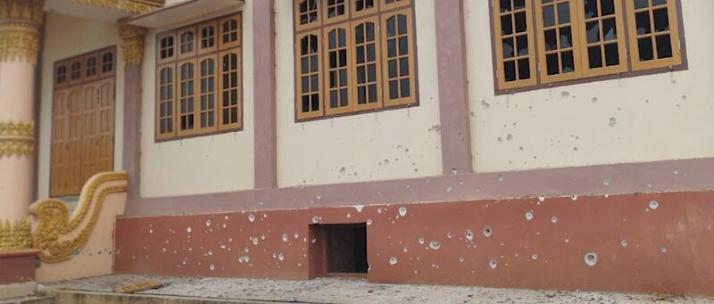 The side of a building is riddled with bullet holes in Nan Neint village after a raid by Myanmar junta troops in Shan state on Saturday, March 11, 2023. Credit: Karenni National Defense Force