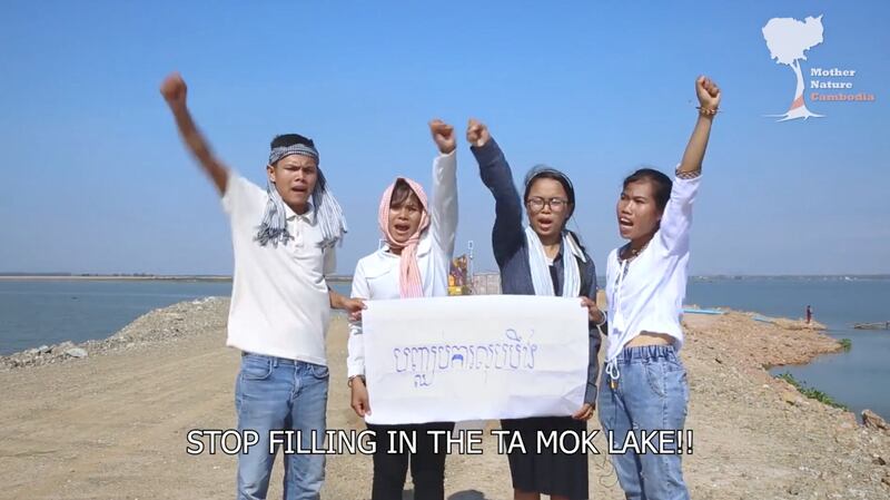 Mother Nature activists call for an end to development on the Boeung Tamok Lake in Phnom Penh, in a screenshot from a video posted on July 30, 2020.