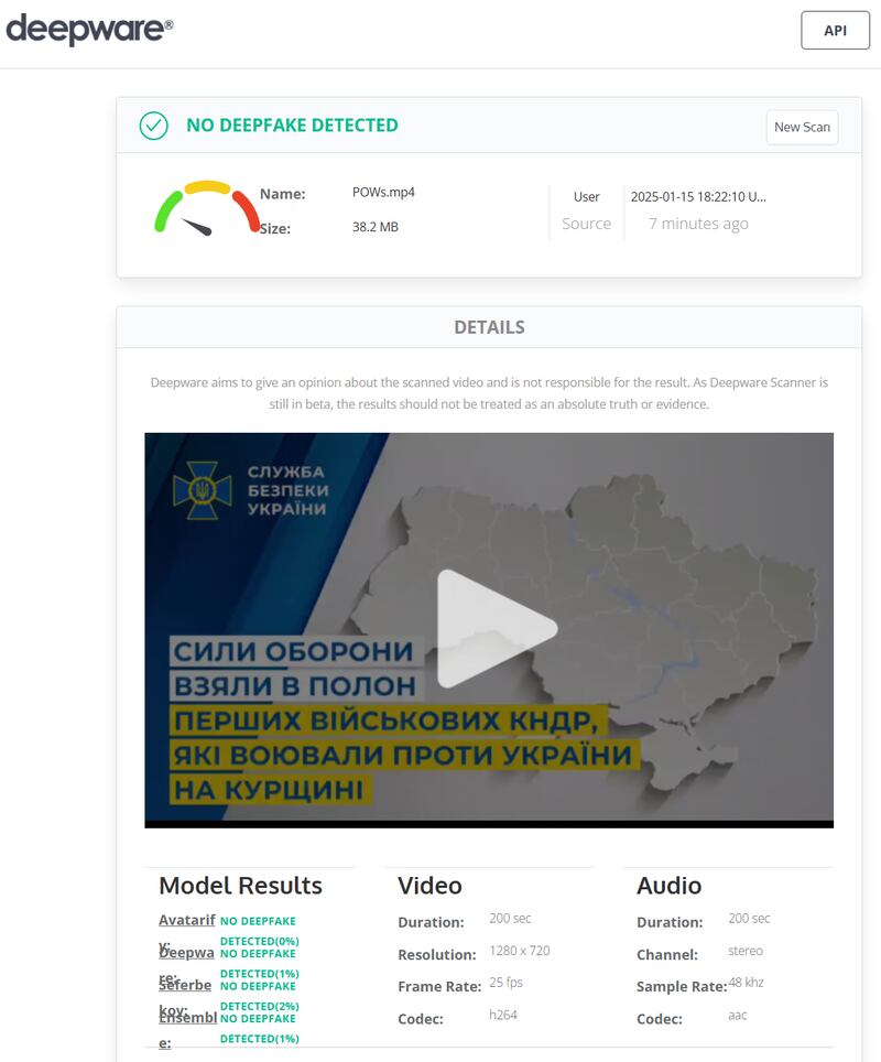 Deepware, a tool designed to detect deepfakes and manipulated digital media using advanced AI algorithms, found no deepfake from the video.