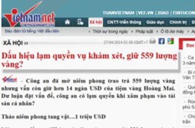 Báo Vietnamnet: Dấu hiệu lạm quyền vụ khám xét, giữ 559 lượng vàng? Screen capture