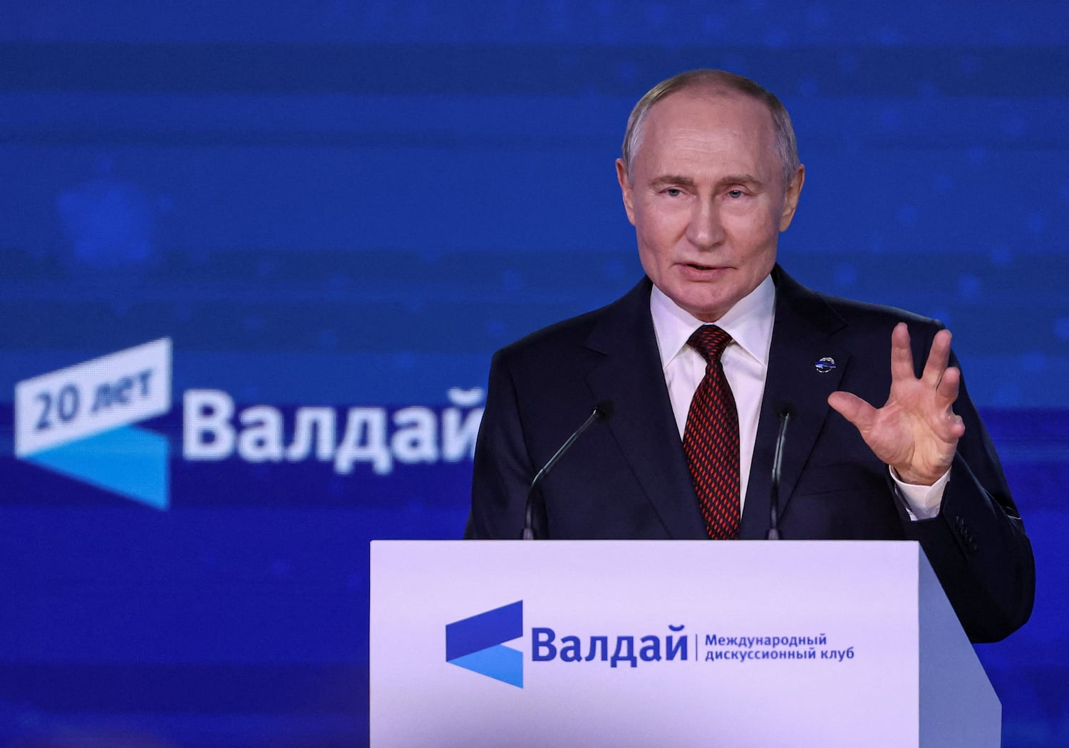 Russian President Vladimir Putin delivers a speech during a plenary session as part of the 21st annual meeting of the Valdai Discussion Club in Sochi, Krasnodar region, Russia, Nov. 7, 2024.