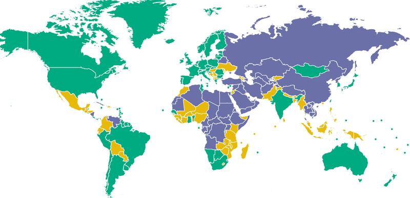 “自由之家”年度报告世界各国和地区自由度地图。绿色表示自由度最高，青色表示自由度最低。（自由之家官网）