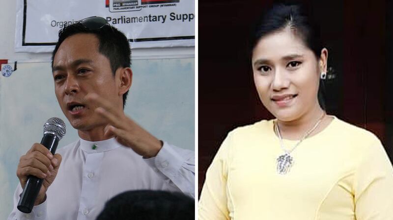 Myanmar authorities arrested journalist Kyaw Min Swe [left] and actress May Pa Chi after pro-junta Telegram channels posted information about them changing their Facebook profiles to black to mourn Pazi Gyi victims in April. Credit: RFA and Facebook