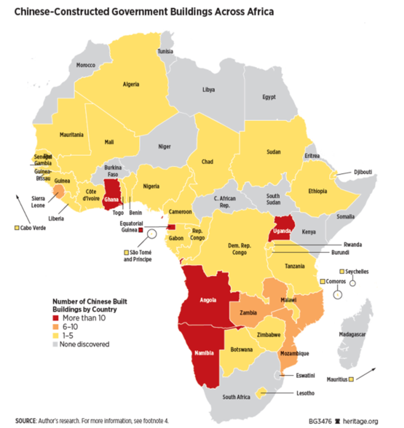 中国政府为非洲政府建设的办公大楼分布图 （图源：美国智库传统基金会）