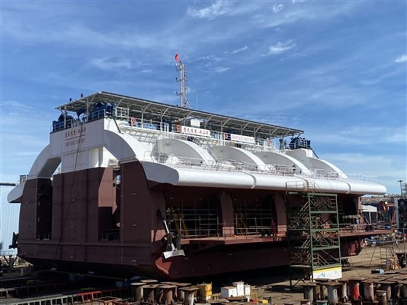 A 500kW wave energy generator, called “Zhoushan,” after construction at a shipyard on June 30, 2020. It is owned by the Guangzhou Institute of Energy Conversion which focuses on using wave power to generate electricity. 