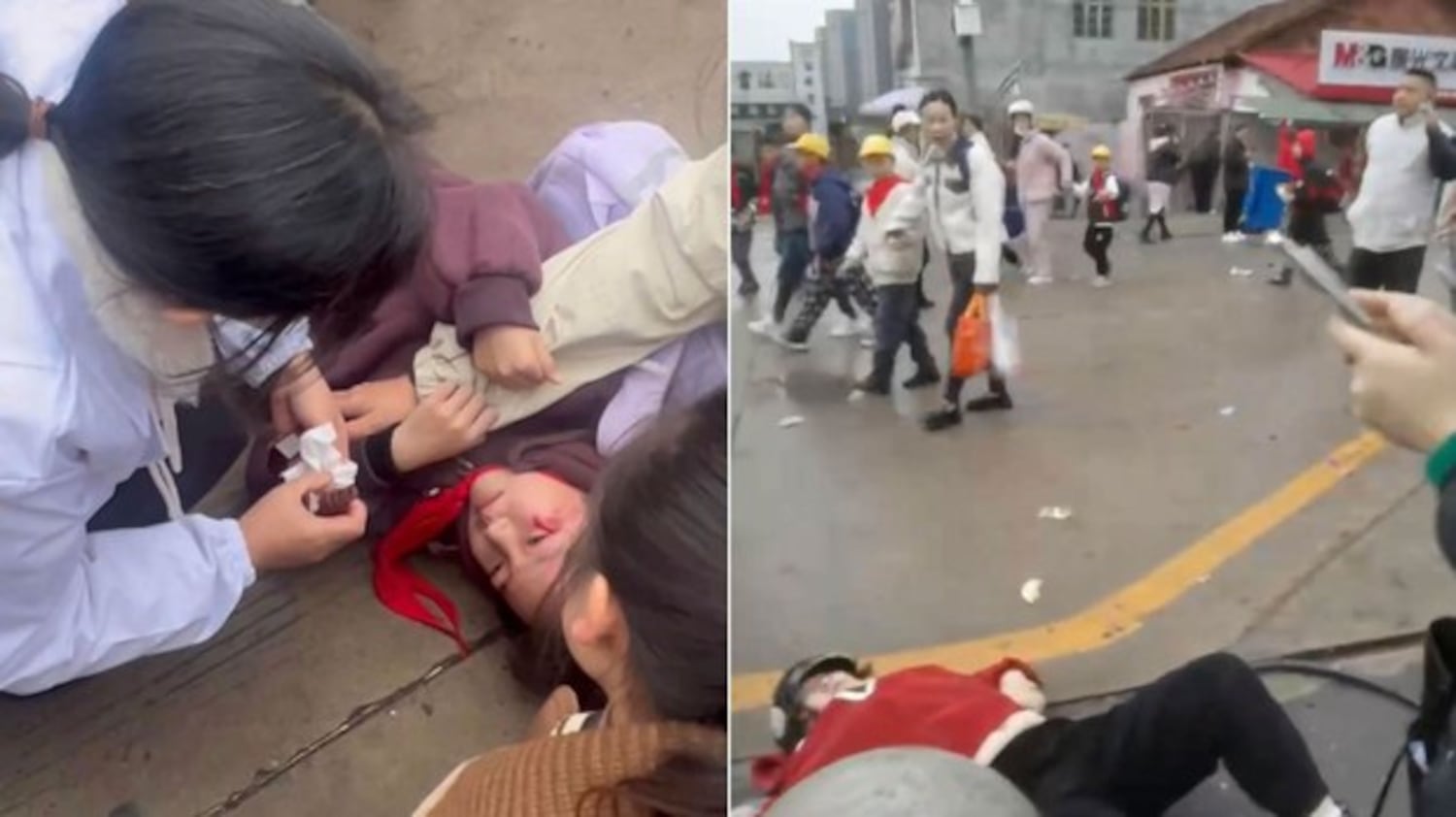 Injured school children lay on the ground after being hit by a car at the Yong'an Primary School in Dingcheng District, Changde City, Hunan Provence, China. (Citizen Photo)