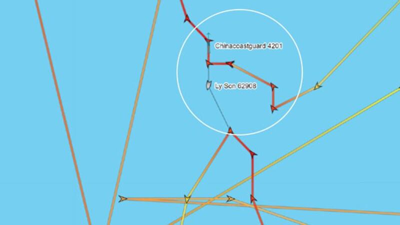 The Vietnamese boat Ly Son 62908 was once only 300 meters from the Chinese coast guard vessel CCG 4201 near Triton Island in the South China Sea, Aug. 25, 2023. Credit: MarineTraffic.com