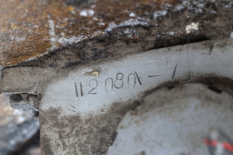 Part of an unidentified missile, which Ukrainian authorities believe to be made in North Korea and was used in a strike in Kharkiv, amid Russia's attack on Ukraine, in Kharkiv, Ukraine, Jan. 6, 2024.