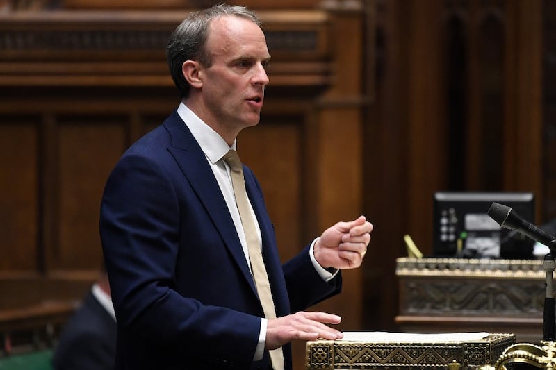 Britain's Foreign Secretary Dominic Raab makes a statement offering Hong Kong residents a broader path to citizenship in response to China's sweeping new security law for the former UK territory, July 1, 2020. 