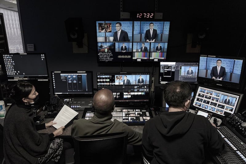 The control room of a Radio Free Asia TV studio as Tibetan language service director Kalden Lodoe presents a newscast in Washington, Jan. 18, 2023.