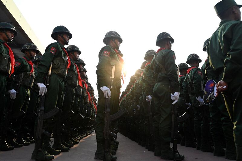 United Wa State Army soldiers participate in a military parade in Myanmar's Wa State, in Panghsang on April 17, 2019. Credit: Ye Aung Thu/AFP