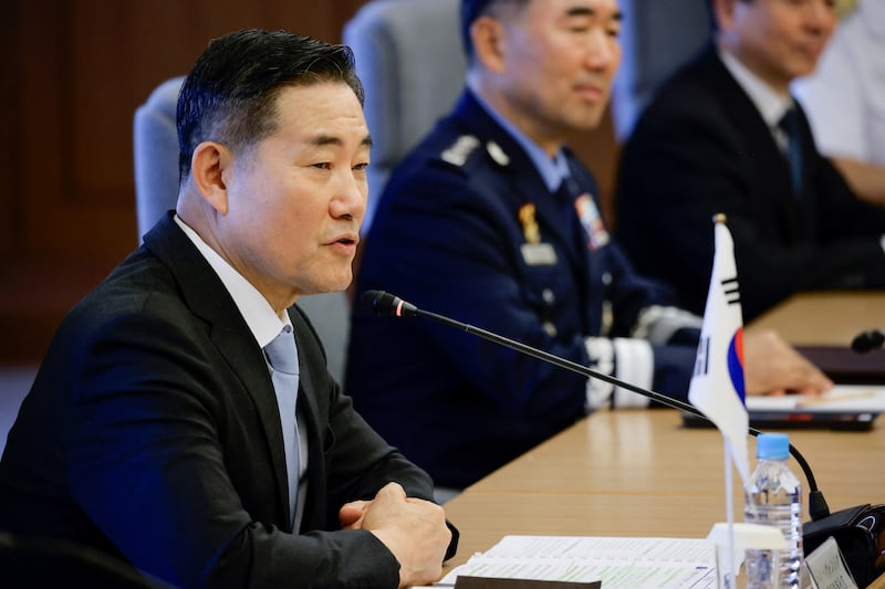 South Korean Defense Minister Shin Won-sik talks during a meeting with Japanese Defense Minister Minoru Kihara (not pictured) at the Defense Ministry in Tokyo on July 28, 2024.