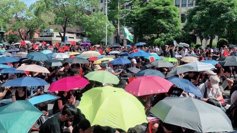 学生穿着黑色上衣，撑雨伞声援“反送中、撑香港”(记者 黄春梅摄)