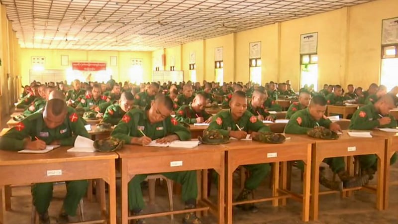 Recruits from the first batch of training under Myanmar junta's people's military service law seen on July 16, 2024. (Pyi Thu Sitt via Telegram)