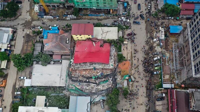 Aerial photo of a collapsed building at a construction site in Sihanoukville, June 22, 2019.