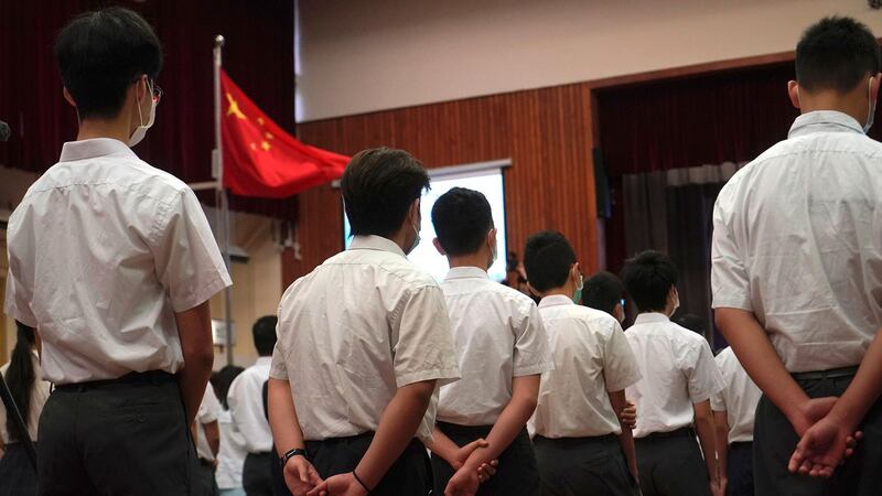 2021年4月15日，香港的一所中学举行的国家安全教育。 （美联社）