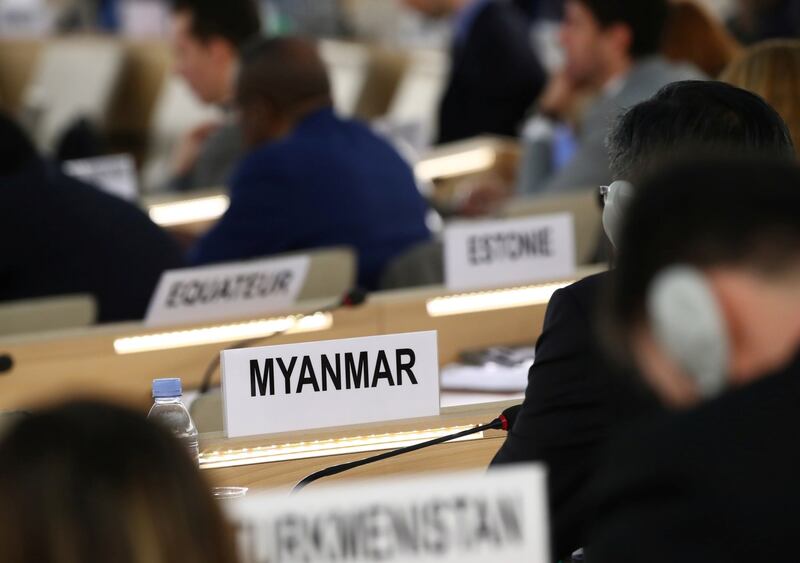 Myanmar's ambassador Kyaw Moe Tun addresses the Human Rights Council at the United Nations in Geneva, Switzerland, March 11, 2019. Credit: Reuters