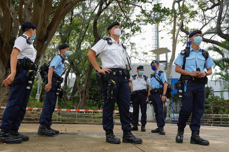 警察在香港维多利亚公园站岗（美联社/资料照）