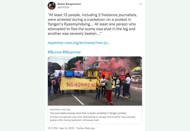 A tweet by a member of the Yay Bawai (Octopus) People's Benevolent Youth Organization references a story about the group's anti-junta protest in Yangon, Sept. 14, 2022. Credit: Myanmar Now