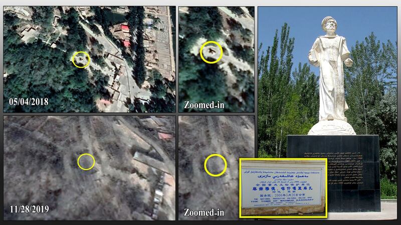 A side-by-side comparison of satellite images showing the site of Mahmut Kashgary's statue in 2018 and 2019, after it was removed.