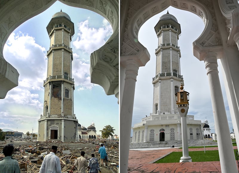 Left: People walk through debris created by the tsunami at the Baiturrahman Grand Mosque in Banda Aceh, Indonesia, Dec. 28, 2004. Right: The mosque as seen on Nov. 27, 2024.